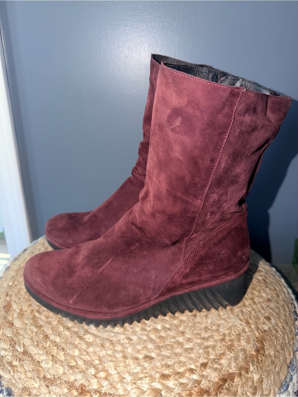Fly London Lede Mid Calf Wedge Boots Wine Color